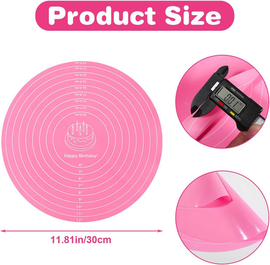 3 Pcs Silicone Cake Mat Round Baking Mat with Measurements Reusable Cookie Turntable Pad Pastry Baking Pad for Pizza Pan Rolling Out Dough Non-Stick Sheets Heat Resistant Pink Blue Green