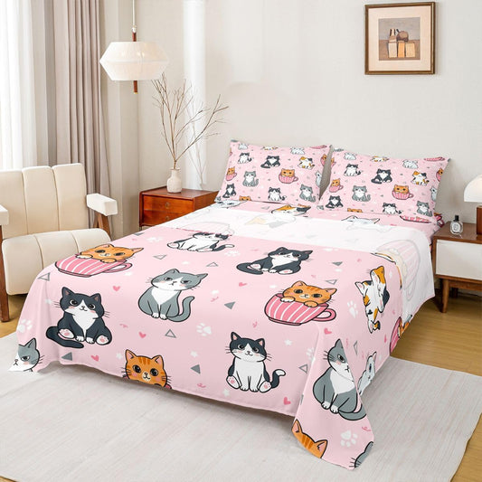 Manfei Cartoon Cute Cat Bed Sheet Mug Kitten Paw Print Bedding Sets (1 Fitted,1 Flat,2 Pillowcases) Heart Sweet Kawaii Luxury Deep Pocket Bed Sheets Kids Boys Girls Queen Peach Pink
