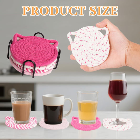 Cute Cat Coasters Ears Set of 4, Cute Braided Pink Coasters for Drinks 4.3 Inch Large Size Cat Decor Coffee Desk Accessories Non-Slip Cotton Handmade Absorbent Drink Coaster for Coffee with Holder
