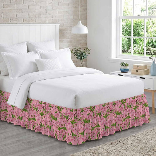 Pink Peach Flowers Bed Skirt Queen Size 16 Inch Drop, Adjustable Elastic Bedskirt Dust Ruffle for Queen Bed, Spring Botanical Watercolor Floral Leaf Wrap Around Bed Skirts Pleated Bed Frame Cover