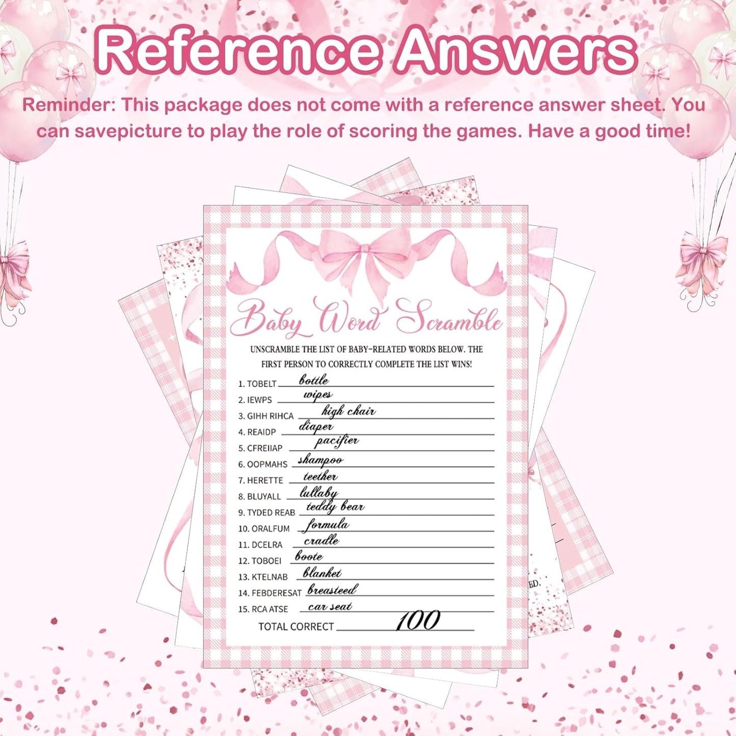 Meooeck 145 Pieces Baby Shower 5 Game Set Baby Shower Games for Party Include Descriptions, Wishes, Guessing Who, Bingo Games(Pink Bow)