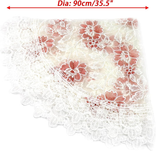 Retro Round Lace Tablecloth 36 Inch Embroidered Table Cover Decorative Dining Doily for Wedding & Cafe, White with Pink Flora