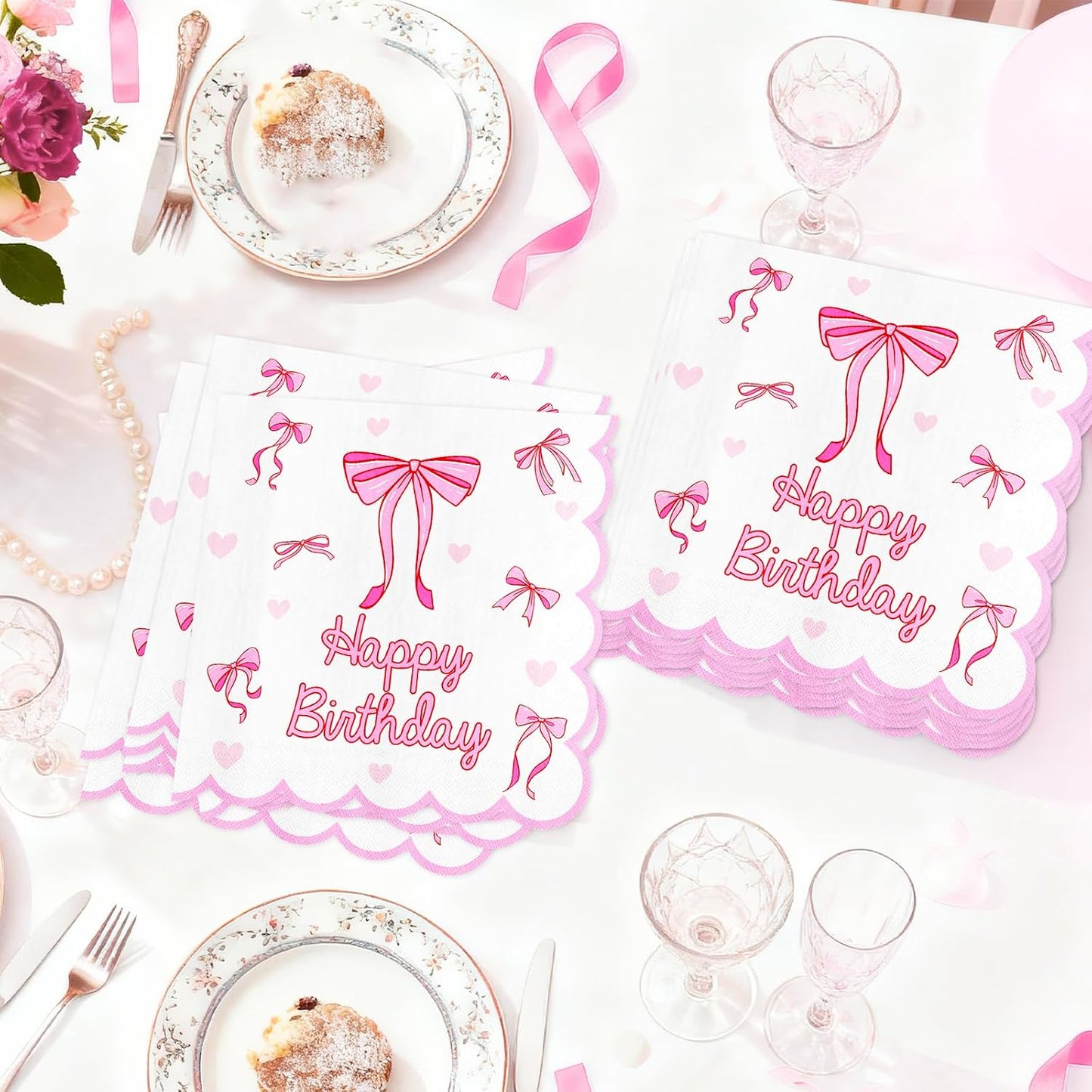 Pink Bow Napkins 50 pcs Disposable Pink Ribbon Bow Heart Paper Napkins for Coquette Birthday Party Decorations Cocktail Dinner Table Decor, 2-ply