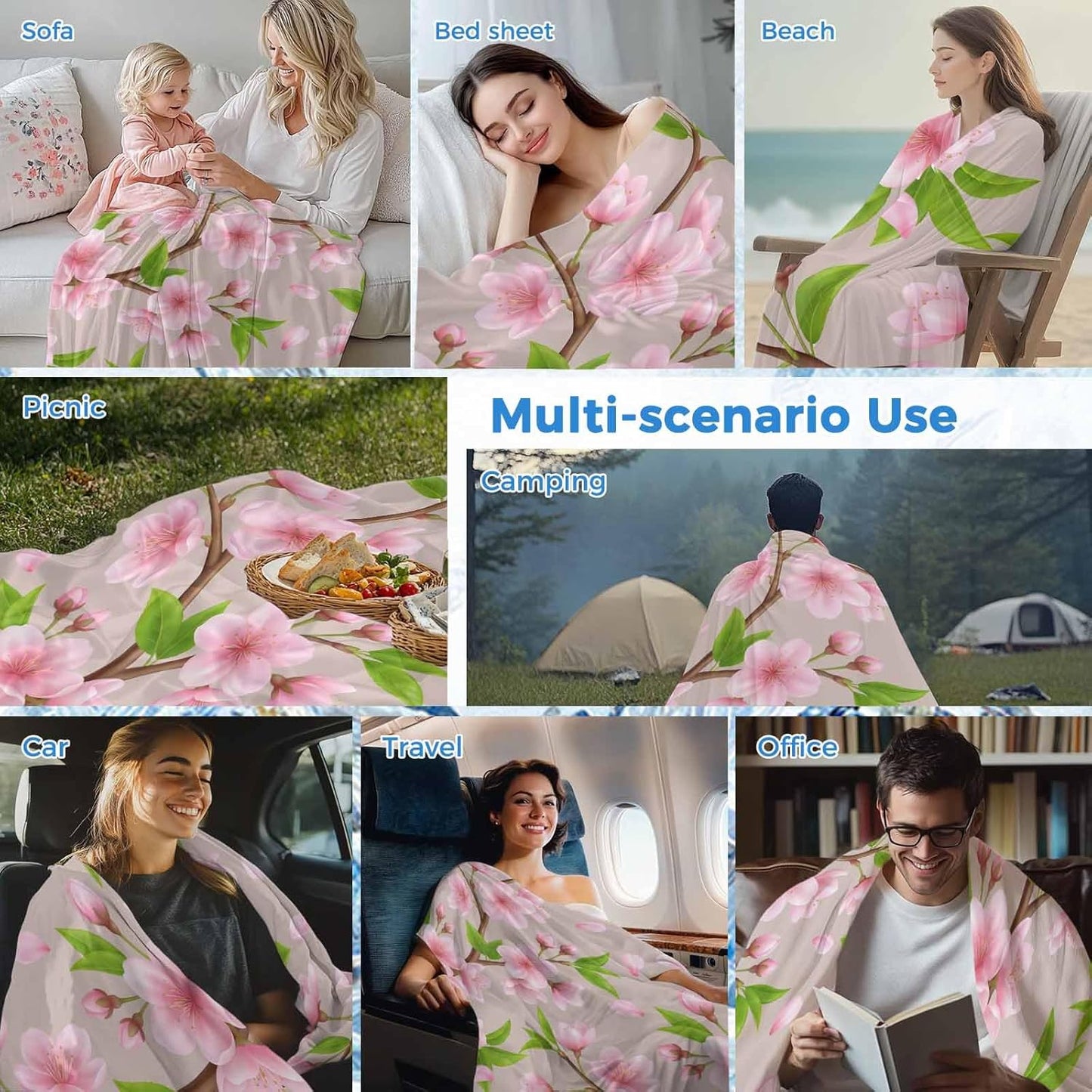 Cooling Blanket for Hot Sleepers, Pink Peach Flowers Lightweight Breathable Summer Blanket, Spring Botanical Watercolor Floral Brown Double-Side Cool Throw Blankets for Sleeping Travel, 30"x40"