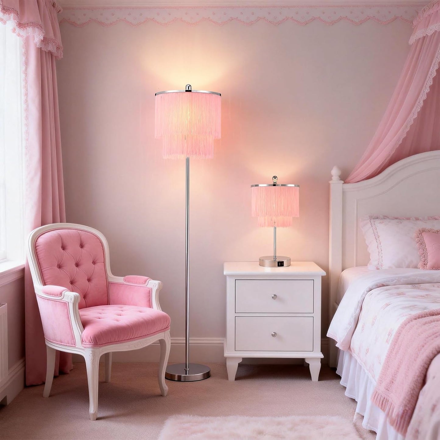 Lovlast Modern Floor Lamp with Pink Tassel Lampshade for Girls Room, 63" Tall Fringe Standing Bedroom Lamp with Soft Lighting, Boho Stand Up Corner Pink Lamp for Living Room(Bulb Included)
