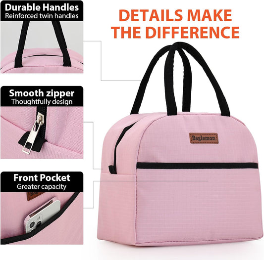 Baglemon Insulated Lunch Bag for Women Men, Lunch Containers Reusable High Capacity Lunch Tote Bags for Work Picnic (Pink)