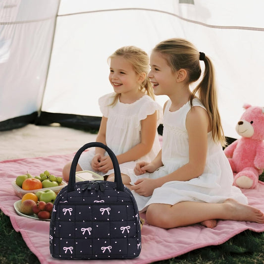 BTOOP Lunch Box for Women Men Cute Corduroy Lunch Bags Large Capacity Insulated Lunch Tote Bag For Work Travel Or Picnic (Pink Bow)