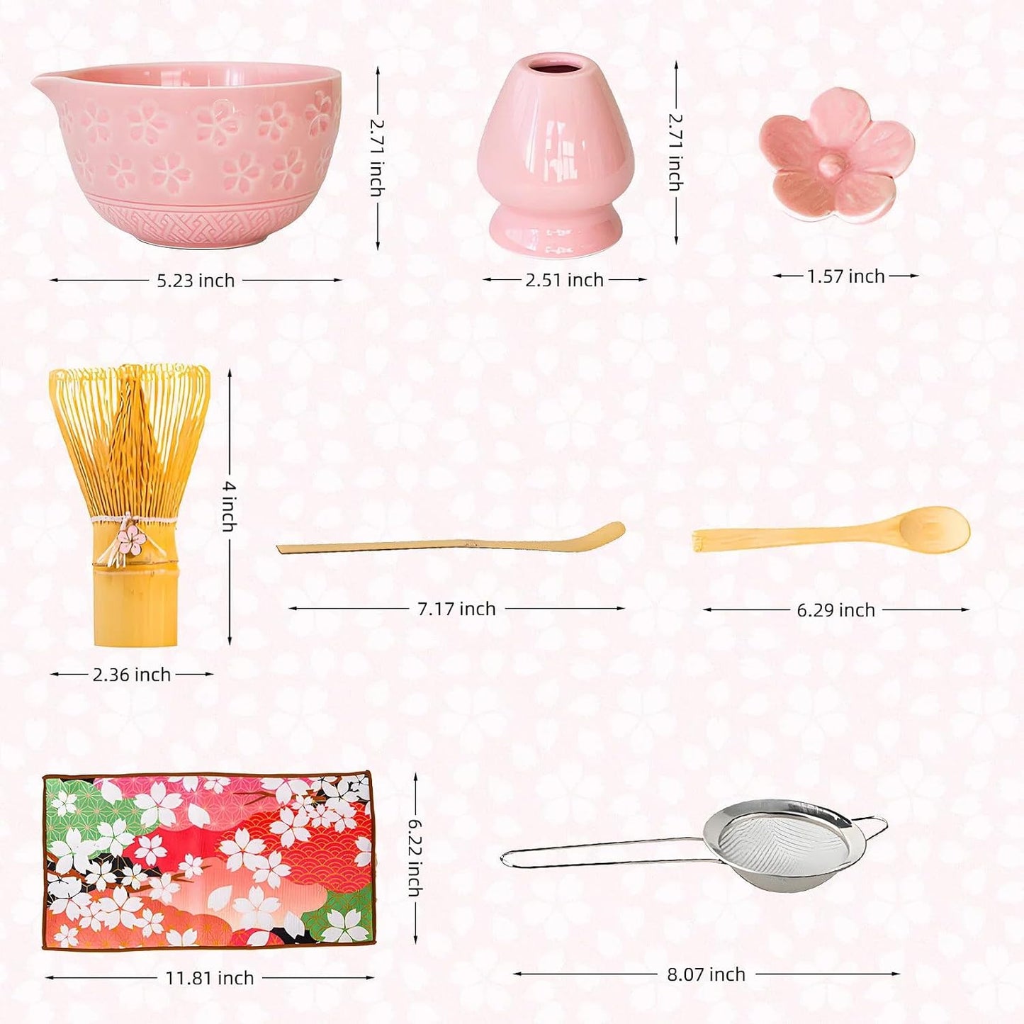 GarveeHome Japanese Matcha Tea Set – 8-Piece Chawan Ceremony Kit with Ceramic Spout Bowl, Wooden Whisk, Scoop, Sifter, Holder, Tea Towel – Great for Beginners & Enthusiasts – Pink, 24×17.5×10.5cm