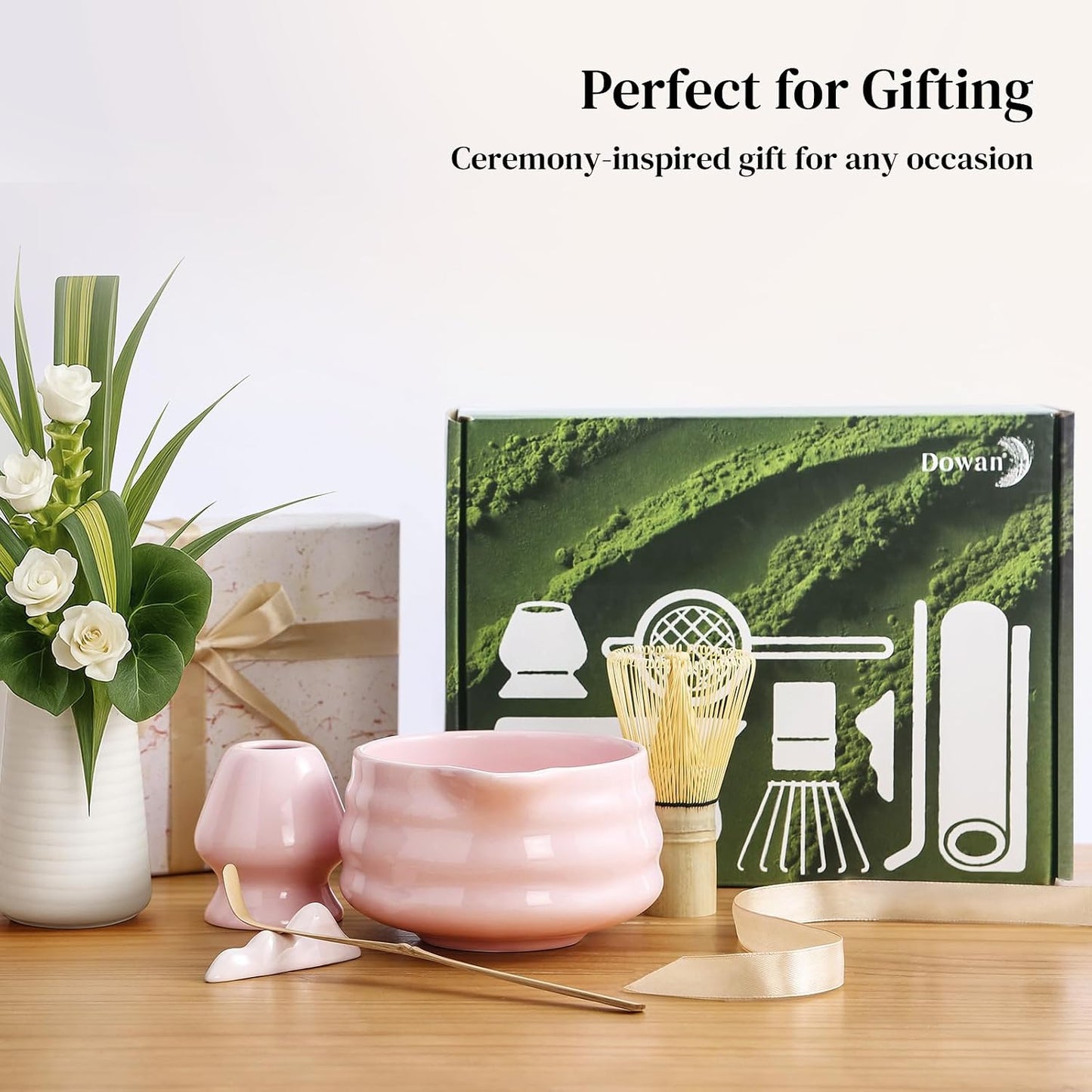 DOWAN Matcha Whisk Set, 7 Pcs Matcha Set Includes Bowl with Spout, Whisk and Holder, Bamboo Scoop and Holder, Sifter and Tea Towel - Matcha Kit Gift for Lovers Beginners (Pink)