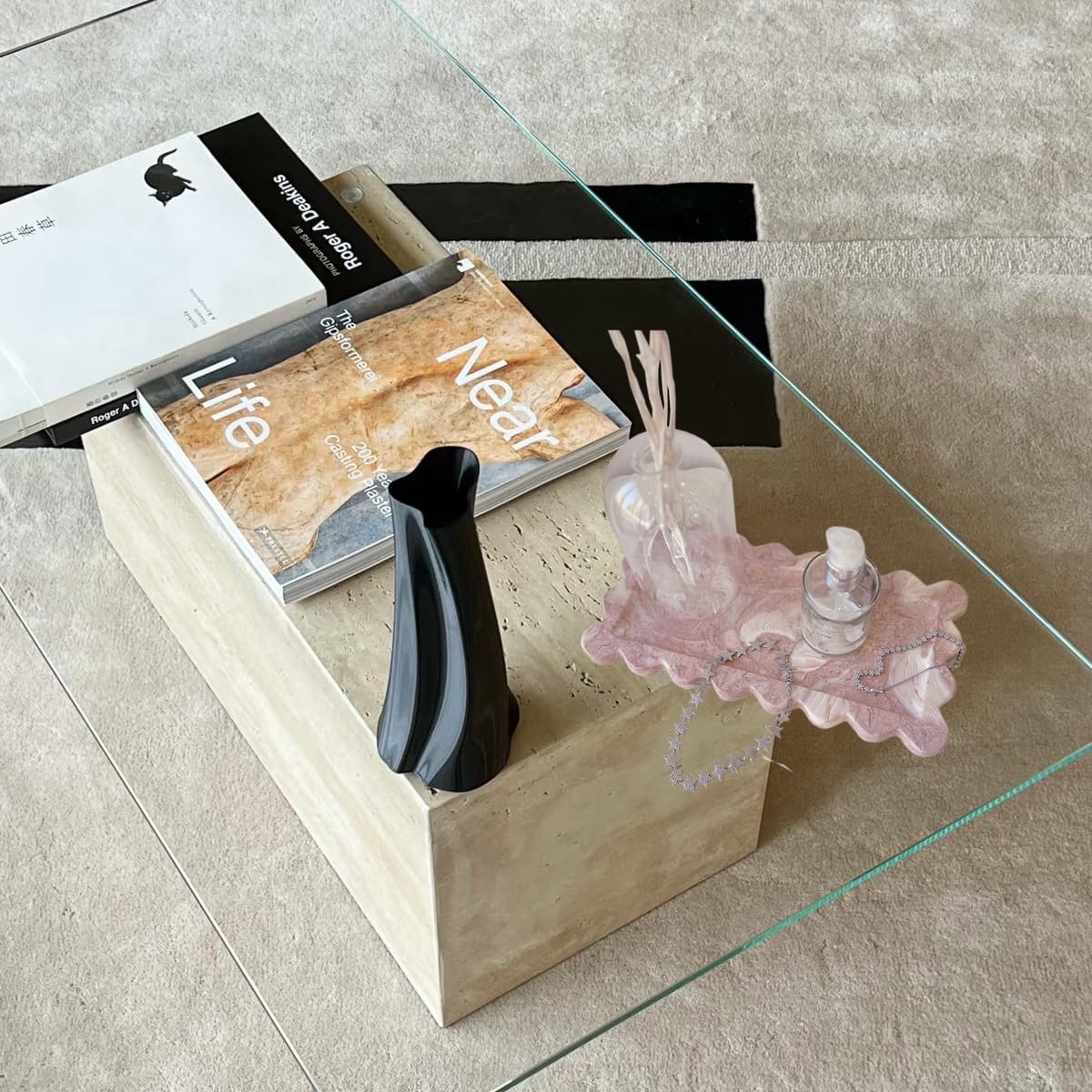 Natural Luxury Marble Vanity Tray Rectangle with Ruffles Serving Marble Storage for Bathroom, Kitchen, Plate Holder for Skincare Product, Perfume, and Food Home Décor (Shell Pink)