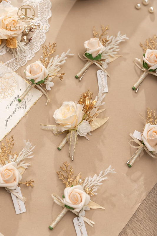 TINGE TIME Boutonniere for Men, Groom and Best Man Boutonniere for Wedding Ceremony Anniversary, Formal Dinner Party and Rustic Wedding Marriage (Champagne&Pink)