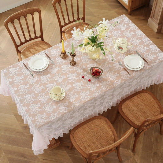 Vintage Farmhouse Floral Lace Rectangular Tablecloth, Ruffled Edge Sheer Table Cover for Dining Room Decor (Pink,55" W x 110" L(Pack of 1))