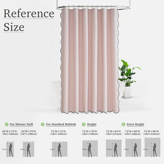 KGORGE Pink Shower Curtain Scalloped, Blush Cute Linen Textured Privacy Boho Heavy Duty Waterproof Washable Shower Curtain Set for Bathroom Home Decor with 12 Metal Hooks, 72 x 72 inches Long