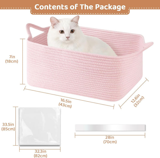 OIASKET Large Empty Gift Baskets for Baby Shower, 16.5" L x 12.6" W x 7" H Cute Woven Storage Basket with Gift Bags and Ribbons, Small Rope Toy Basket with Handles, Cat Dog Pet Toy Organizer - Pink
