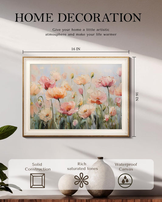WHASAYART Framed Floral Canvas Wall Art Decor Nature Spring Pictures Romantic Pink Poppy Artwork Colorful Flower Prints for Farmhouse Living Room Bedroom Bathroom Girls Room 12x16 Inch