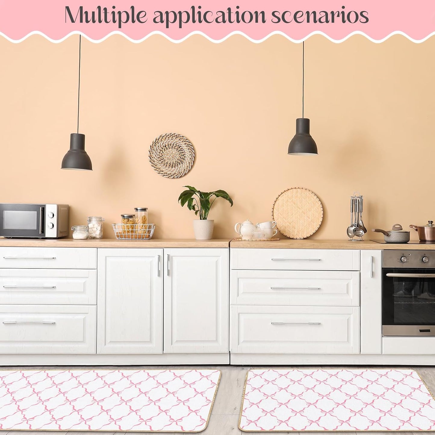 Coquette Bow Kitchen Mat Set of 2 Pink Bow Kitchen Rugs Coquette Room Decor Door Mat Pink Bow Decorations for Home Kitchen