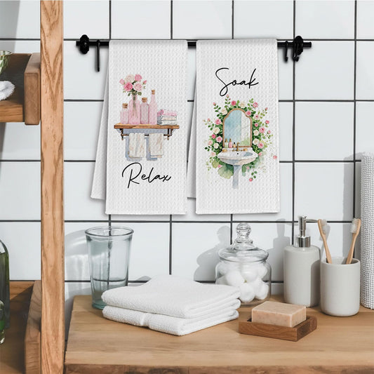 Pink and White Rose Decor Bathroom Hand Towels, Rustic Rose Flower Botanical Breathe Unwind Soak Relax Decorative Hand Towel for Bathroom Washroom Spa Gym, 16x24 Inch Set of 4