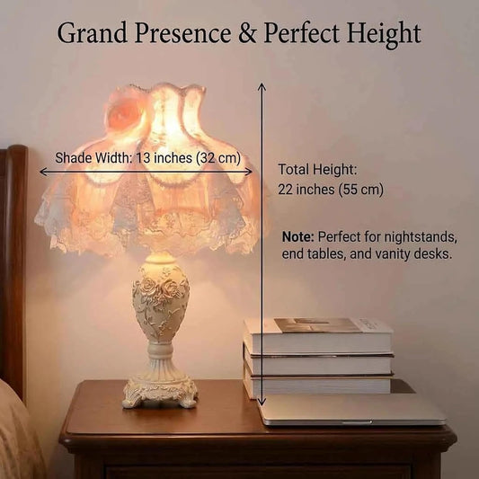 Pink Victorian Lamp Vintage Table Lamp for Bedroom Nightstand, Romantic Coquette Style for Girls Room, Lace Shade Floral Base & Beaded Fringe, 22" H
