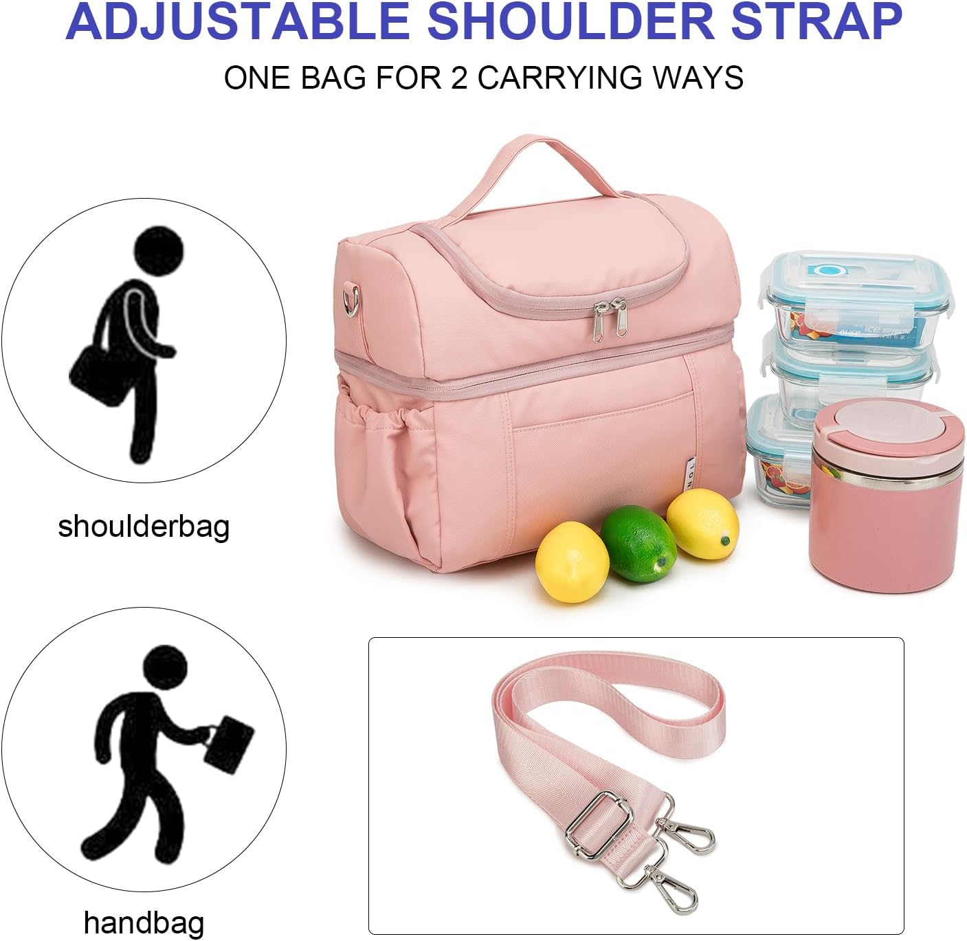 NOL Natural Organic Lifestyle Adult Lunch Box Insulated Lunch Bag Large Dual Compartment Lunch Bag Coolers Lightweight Nylon Waterproof Lunch Box for Work, Picnic, Travel, Outdoors, Pink
