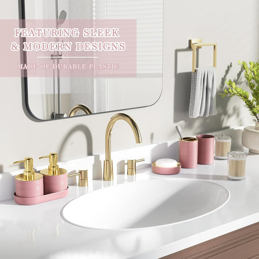 Bathroom Set, 10PC Bathroom Accessory Set, Pink Bathroom Accessories, Pink and Gold Bathroom Set with Trash Can, Soap Dispensers