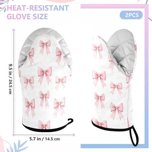 Watercolor Bows Pink Non-Slip Oven Mitts Set Heat Resistant Kitchen Gloves with Quilted Liner Cotton Machine Washable with Hanging Loop for Baking Grilling BBQ