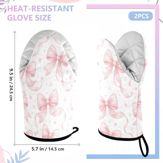 Bows Watercolor Pink Non-Slip Oven Mitts Set Heat Resistant Kitchen Gloves with Quilted Liner Cotton Machine Washable with Hanging Loop for Baking Grilling BBQ