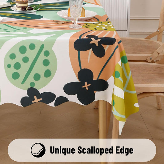 Tyrot Scalloped Boho Floral Rectangle Table Cloth Farmhouse Waterproof Stain Resistant Tablecloth Mid Century Botanical Indoor Outdoor Table Covers for Kitchen Dining/Party, 60x84, Green Pink