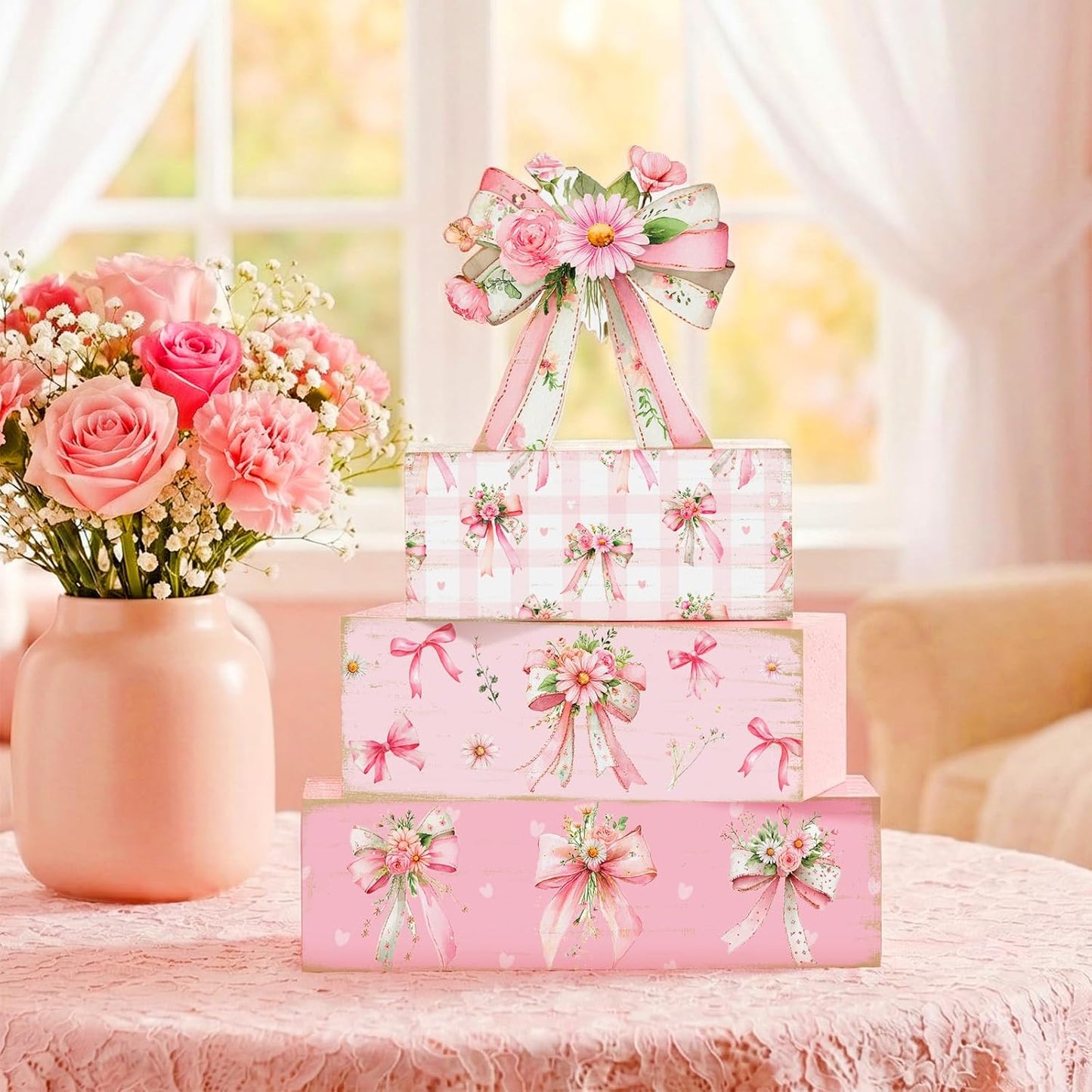 4 Pcs Pink Flower Bow Table Decorations Pink Flower Table Centerpiece Proposal Wedding Wooden Sign Tiered Tray Spring Decor Books Stack Signs Block for Wedding Home Office Decorations Shelf