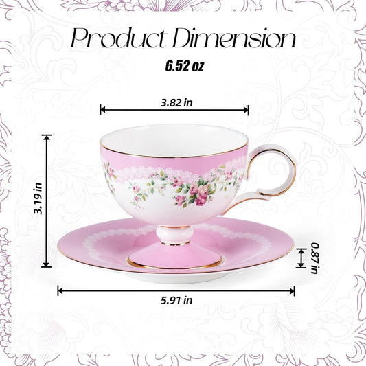 KAMMAK Ceramic Coffee Cups Saucers Set of 2, Porcelain Espresso Cups with Saucers, 6.52 oz Handmade Elegant Bone China Tea Cup, Ceramic Floral Pattern Demitasse for Latte, Americano, Cappuccino