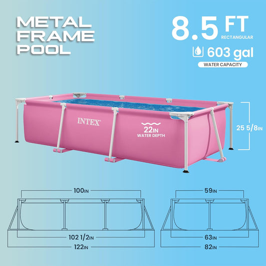 INTEX Rectangular Frame 8 ft 6 in x 5 ft 4 in x 26 in Above Ground Pool, Swimming Pool with Steel Frame, Pink - Pump Not Included