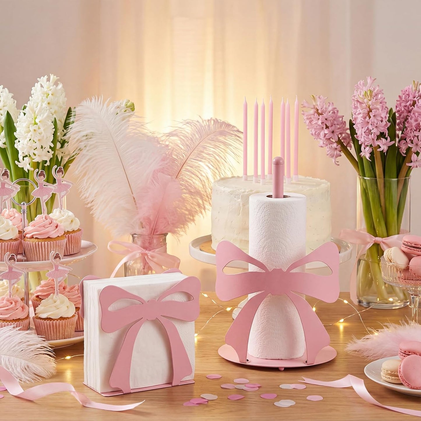Novabright 2 Pcs Trendy Bow Paper Towel Holder for Tables Metal, Cute Bow Knot Kitchen Decoration Accessories Large Metal Towel Holder Stand for Coquette Wedding Home Party Bathroom Countertop(Pink)