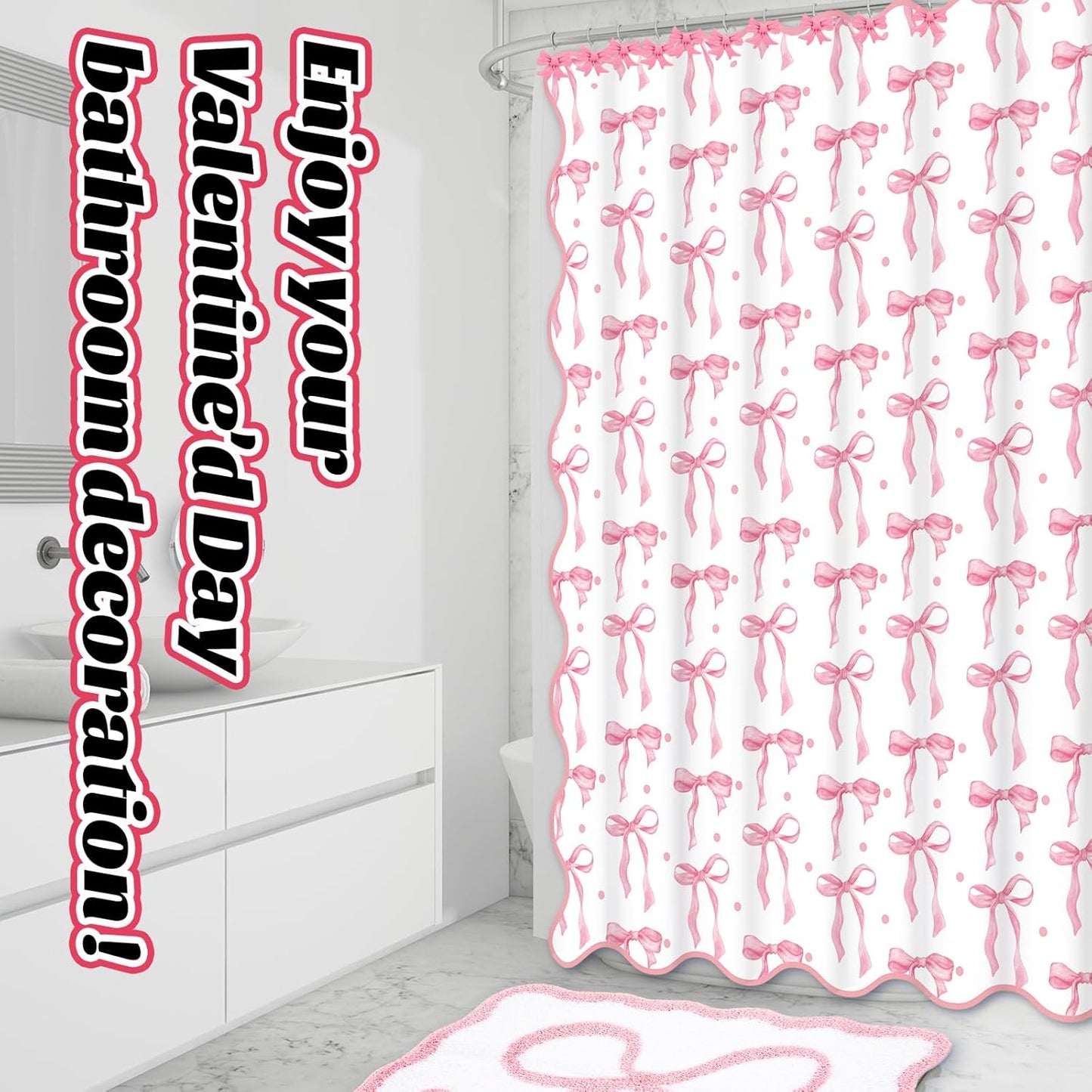 JarThenaAMCS 17Pcs Pink Bow Shower Curtain Set with 12 Decorative Shower Curtain Hooks 2 Bathroom Towels Coquette Non Slip Absorbent Rug U-Shaped Toilet Rug for Christmas Modern Aesthetic Bathroom