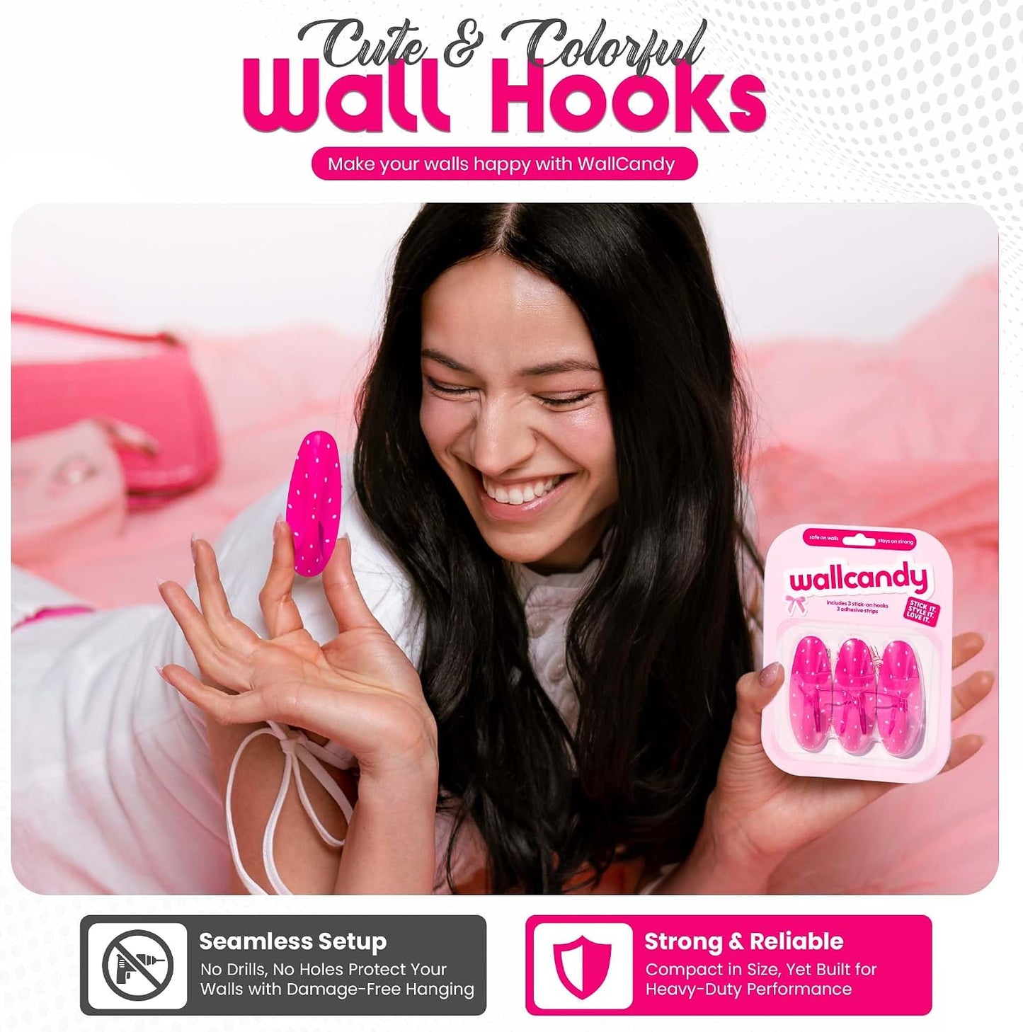 Adhesive Wall Hanging Hooks | Pack of 3 Pink Polka Dot Wall Hooks with Heavy Duty Sticky Strips that Hold Up to 3lbs, Easy to Install Hanging Hook for Painted Walls & Kitchen