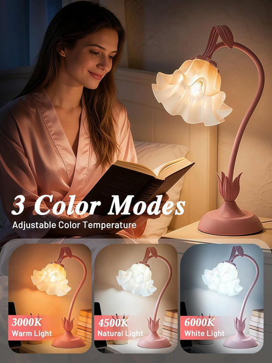 Bedside Table Lamp for Bedroom, Vintage Flower Table Lamps, LED Reading Light 3 Color Modes Bedside Lamps, Nightstand Lamp Kawaii Desk Lamps for Bedroom Living Room Home Decoration(Pink lamp)