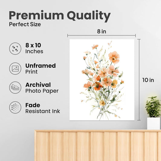 ZUKIY Peach Orange Garden Bouquet - 8x10 Unframed Peach Floral Wall Art Print - Watercolor Botanical Floral Wall Art for Bedroom Bathroom Hallway Office or Guest Room - Soft Cottagecore Decor Poster