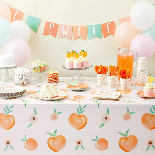 Sparkle and Bash Peach Theme Tablecloth - 54 x 108 Inch, 3-Pack Plastic Tablecovers - Disposable Covers for Peach Baby Shower & Birthday Party Decor