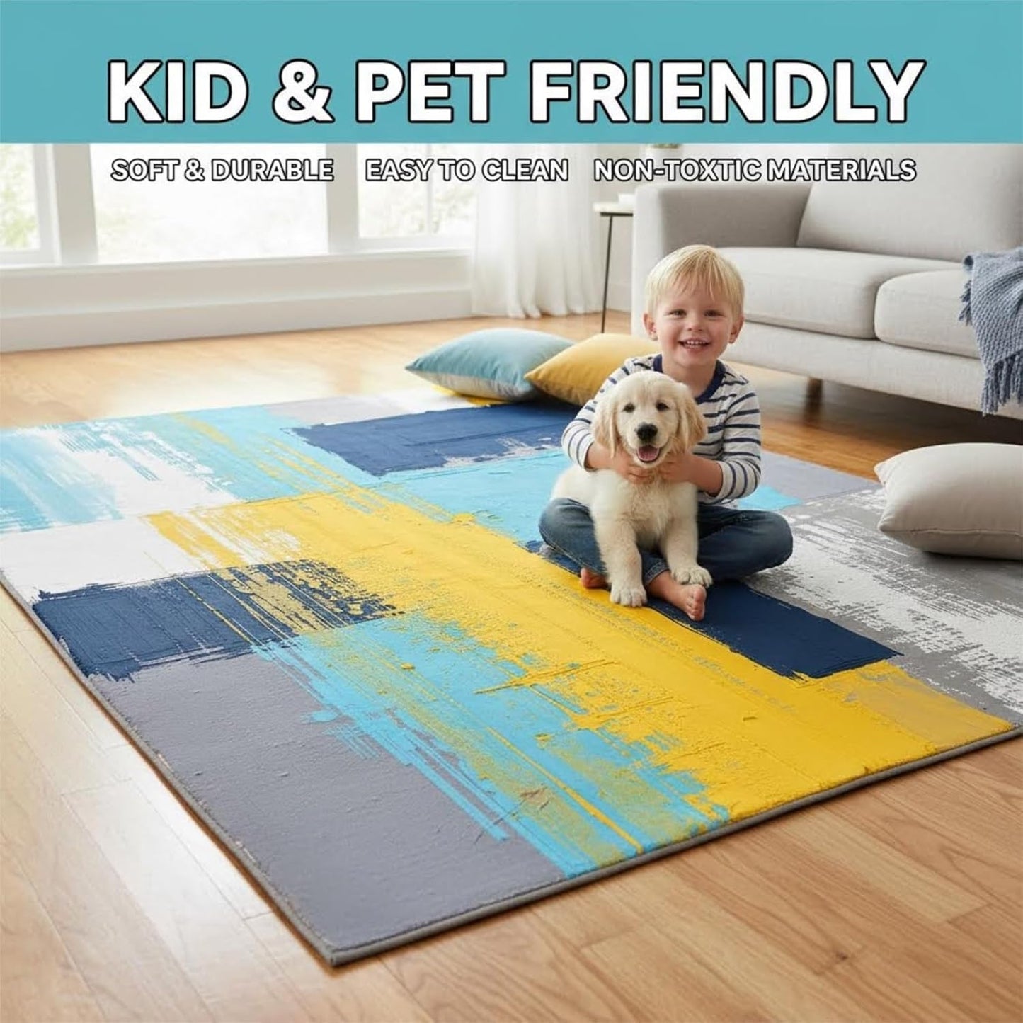 Modern Abstract Textured Area Rug 4x6 Light Pink Yellow Grey Art Aesthetic Deco Indoor Carpet for Living Room Bedroom Dining Room Soft Washable Non Slip Rugs Nursery Dorm Kitchen Office Floor Mats