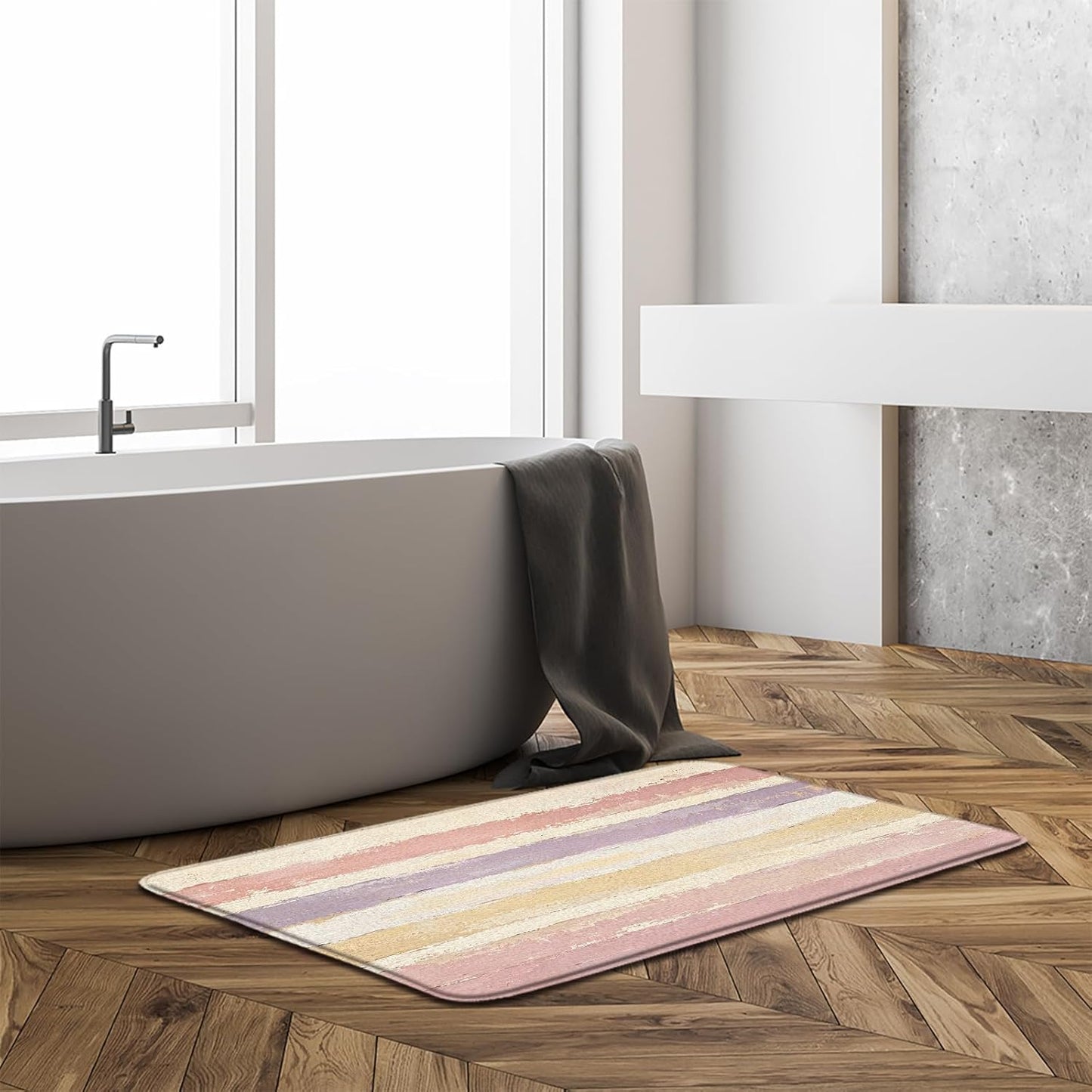 Abstract Pink Bath Mat Rug Beige Modern Oil Painting Stripe Aesthetic Minimalist Geometric 17.8" x 29.5" Microfiber Memory Foam Bathroom Kitchen Toilet Floor Mat