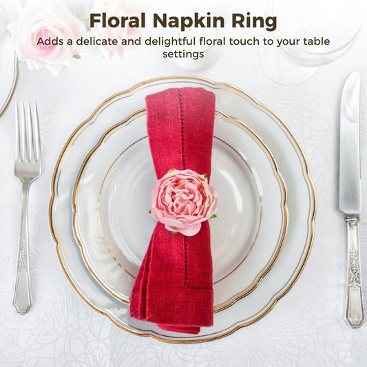8 Pcs Pink Rose Napkin Rings, Floral Fabric Napkin Holders for Dining Table, Romantic Table Decorations for Valentine's Day, Wedding, Thanksgiving, Birthday Party