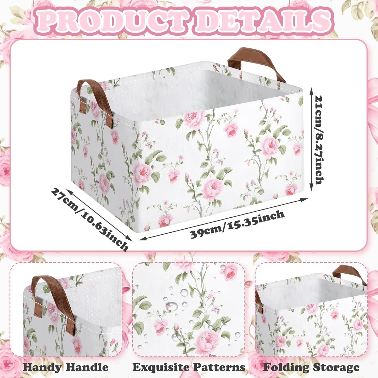 Boao Foldable Storage Baskets Dinosaur Easter Rabbit Classical Flowers Bow Laundry Basket with Handles Waterproof Storage Bins Fabric Shelf Baskets(15 x 11 x 8 Inches,Pink Floral,3 Pcs)