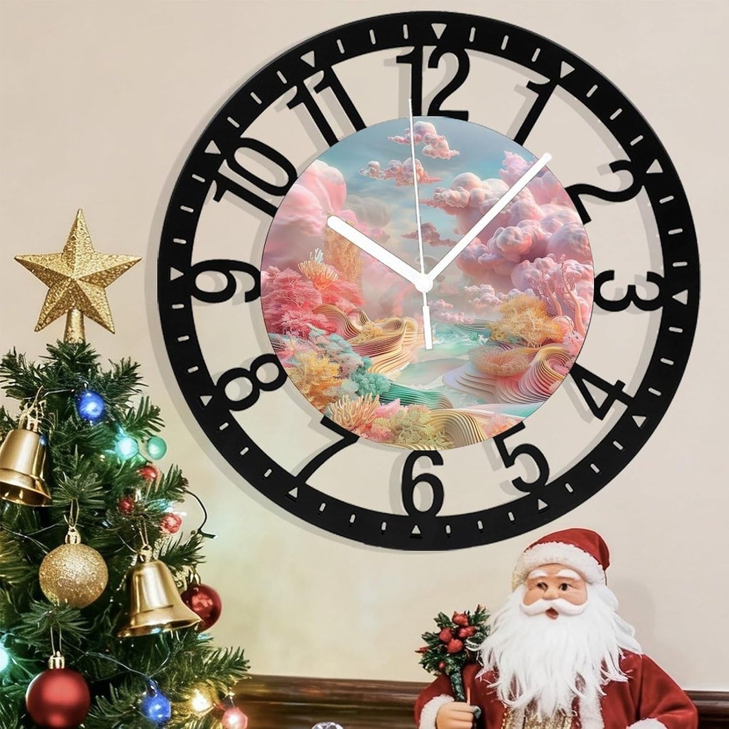 Metal Wall Clock for Living Room -10" Pastel Coral Landscape Pink Clouds Silent Non Ticking,Battery Operated, Antique Clocks for Farmhouse,Bedroom,Kitchen - Arabic Numerals