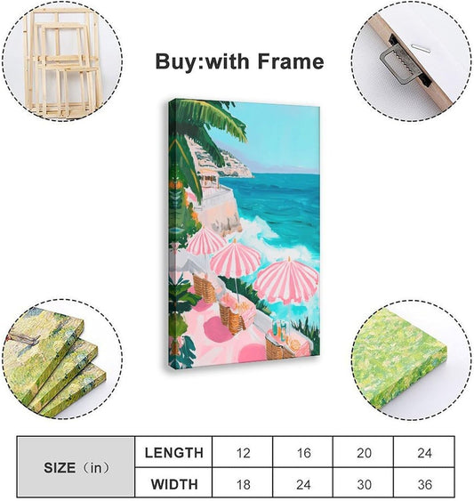 Pink Beach Umbrella Coastal Wall Art Pastel Ocean Canvas Print for Girly Apartment Bedroom Decor, Retro Mediterranean Vacation Poster for Cute Aesthetic Preppy Room Aesthetics