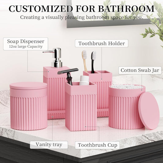 6-Piece Pink Bathroom Set - Sleek Resin Bathroom Accessories Set with Soap Dispenser, Toothbrush Holder, Vanity Tray, Tumbler & Apothecary Jars for Small Spaces