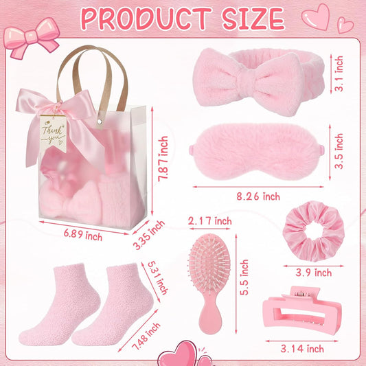 Riceshoot 84 Pcs Sleepover Party Supplies for Girls, Includes Socks Eye Masks Headbands Scrunchies Hair Brushes Hair Claw Clip Gift Bags for Baby Shower Wedding Slumber Spa Party Gift (Pink)