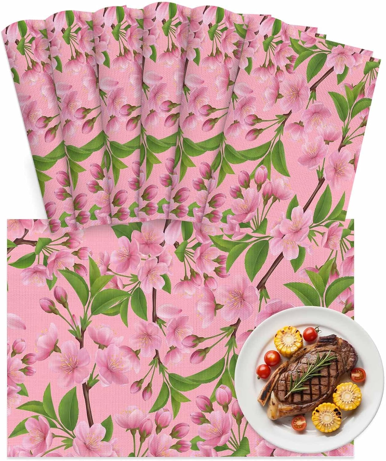 Pink Peach Flowers Placemats Set of 6, Washable PVC Kitchen Table Mats Place Mats, Spring Botanical Watercolor Floral Leaf Woven Vinyl Placemat for Dining Table, 13" x 19"