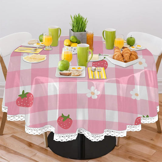 Pink Check Pattern Round Tablecloth 60 Inch Lace Tablecloth Kitchen Restaurant Tabletop Decorative Table Cover