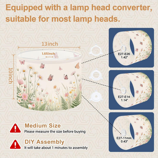 Lamp Shades Set of 2 Butterflies Pastel Wildflowers Meadow Soft Pink Daisy Garden Floral Drum Lampshades for Table Lamps Floor Lamps Pendant Light 13"x13"x10" Replacement Lamp Shade Easy Assembly