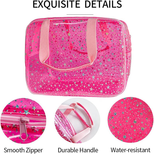 Hot Pink Star Large Cosmetic Bag 12x5x8 inch Travel Pouch with Handle,Durable PVC Material,Zipper Design-Ideal for Makeup,Travel Essentials