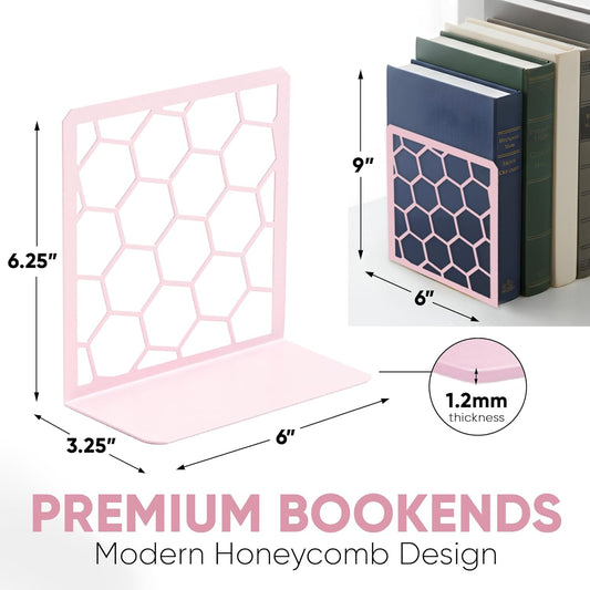 GEOMOD Geometric Honeycomb Pink Metal Bookends Decorative - Tall Sturdy Book Ends for Shelves - Modern Heavy Duty Bookend Stopper - Office or Home Book Shelf Book Holder - 6x3.25x6.25 Inches - 1 Pair