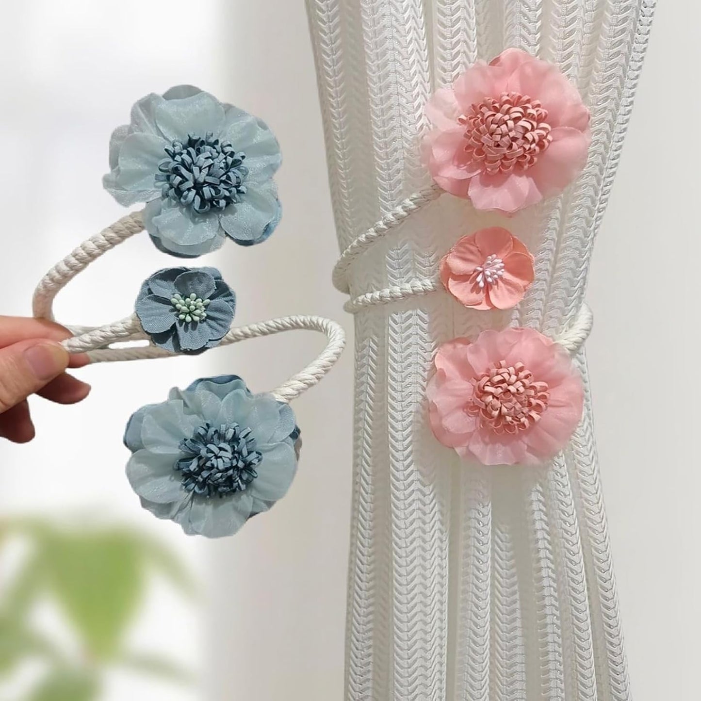 2 Packs Flower Curtain Buckle,Handmade Artificial Flower Curtain Holdbacks Clips,Flexible Curtain Tiebacks Clips Elegant Decorative for Living Room Bedroom(Pink)